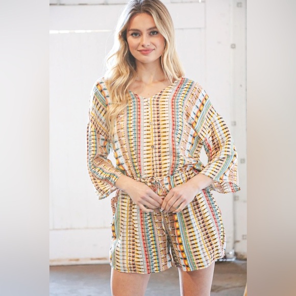 Taupe Rayon Challis Ethnic Back Keyhole Pocketed Romper - Picture 1 of 9
